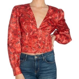 New Guess Milkmaid Top Button Front Floral Top Size XL Red Satin Blouse